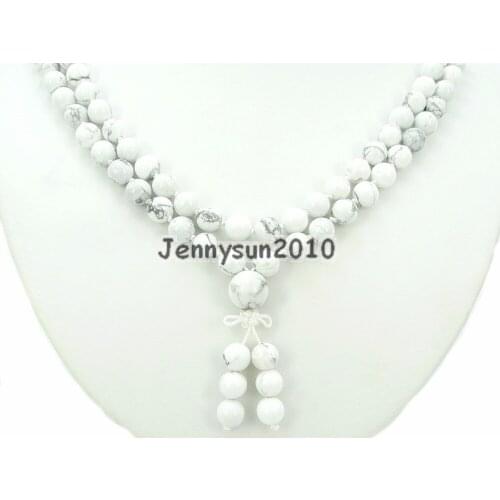 Natural White Tur-quoise 8mm Gems Stone Buddhist 108 Beads Prayer Mala Knot Necklace Multi-Purpose 5Strands/Pack