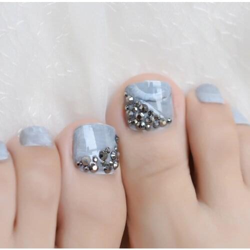 Custom Press On Toe Nails Dark Silver Rhinestones Art Decoration Toenails Marble Faux Ongle for Toes