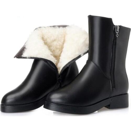 2019 New Warm Plush / Wool Boots Winter Women Shoes Snow Boots Large Size Thick Heel Non-slip Genuine Leather Boots Martin Boots