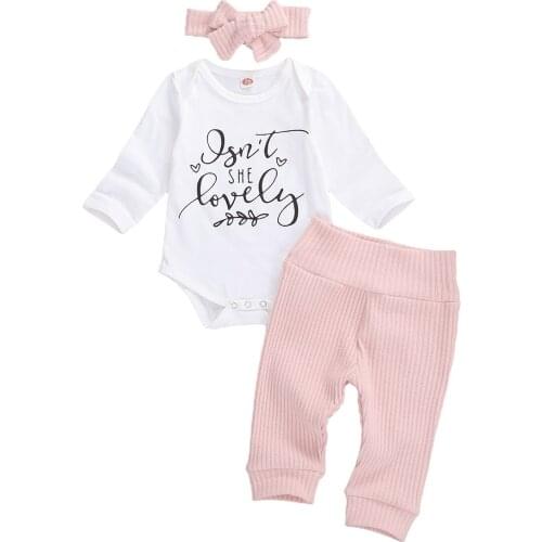 2020 Autumn Baby Girls Clothing Set Toddler Long Sleeve Letter Print O-neck Pullover + Solid Color Knitted Pants+ Headband 0-18M