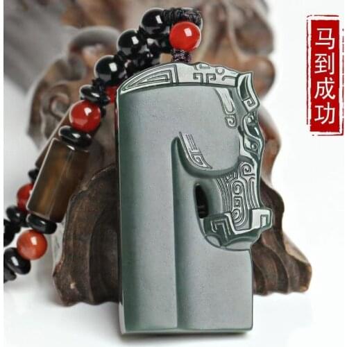 Nature Bottle Green Jade Carven Horse Head Design Amulet Bless Success Pendant Lucky Netsuke Talisman