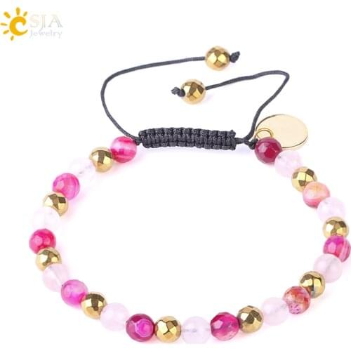 CSJA Multicolor Natural Stone Onyx Crystal Bracelet Pink Quartz Blue Gold-color Round Beads Weave Rope Adjustable Bracelets F543