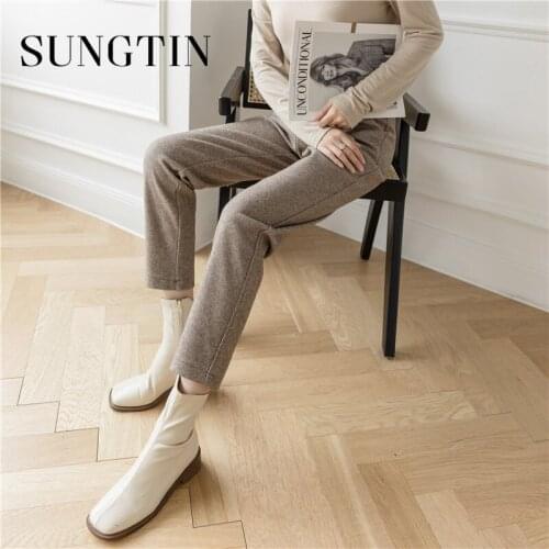 Sungtin Korean Casual Office Lady Woolen Plus Size Pants Women Soft Warm High Waist Suit Pants Female Elegant Straight Trousers