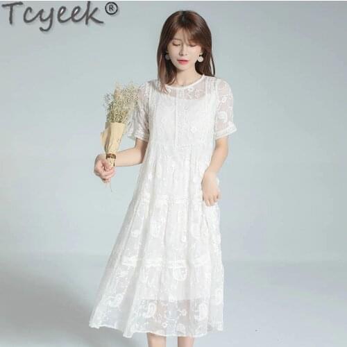 Tcyeek 100% Real Silk Summer Dress 2021 White Long Dress Female Beach Dresses for Women Two-piece Vestidos De Mujer Casual Gxy13