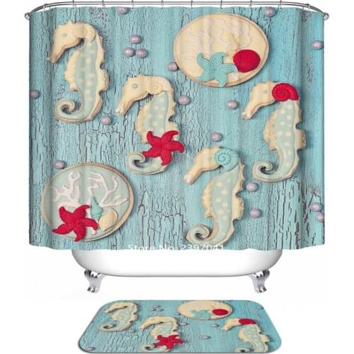 Blue Sea Creature Cartoon Shell Seahorse Shower Curtain Waterproof and Mildew Resistant Baby Angel Shower Curtain with Hook