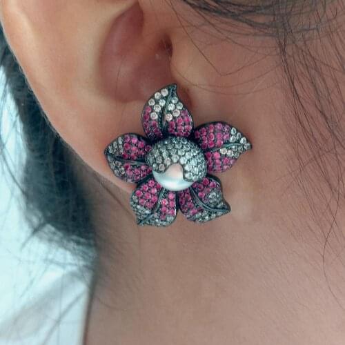 YYGEM White Pearl Gunmetal Gold color Plated Cz Flower Stud Earrings for women Cubic Zirconia micro Pave Pearl Earrings