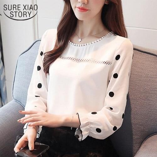 2021 Fashion Womens Clothing O-neck Black Dot White Feminine Tops Blusas Sweet Long Sleeve Chiffon Women Blouse Shirt D383 30