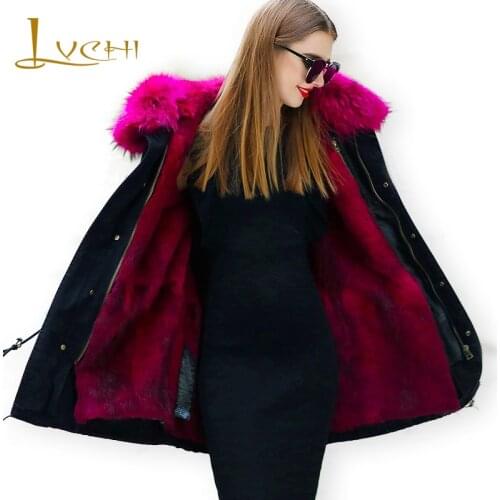 LVCHI Winter jacket Nick clothes midi women fur coats Parker natural fur mink with raccoon dog fur hat jacket for women