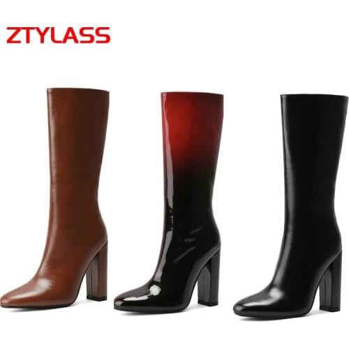 Women Slip On Patent Leather Knee High Boots Mixed Colors Square High Heel Calf Boots Ladies Pointed Toe Autumn Winter Boots