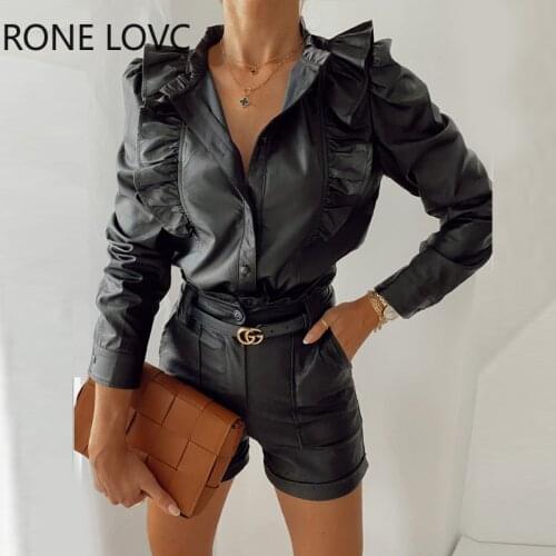 Women Solid Ruffles Long Sleeve PU Blouse Long Sleeve Top Women Tops and Blouses