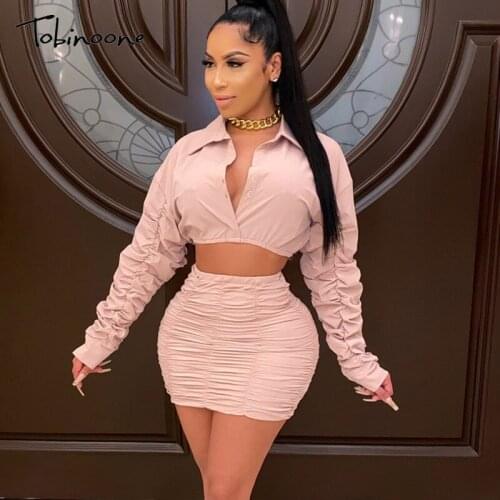 Tobinoone pleated bodycon mini dress Long sleeve party dinner shirt dress Ladies slim elegant button dress vestidos 2020 new