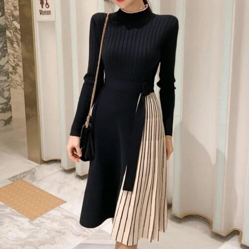 New Arrival Fashion Women Elegant Office Lady Work Style High Quality Winter Knit Elastic Patchwork Lace Up Pleated A-Line Dress