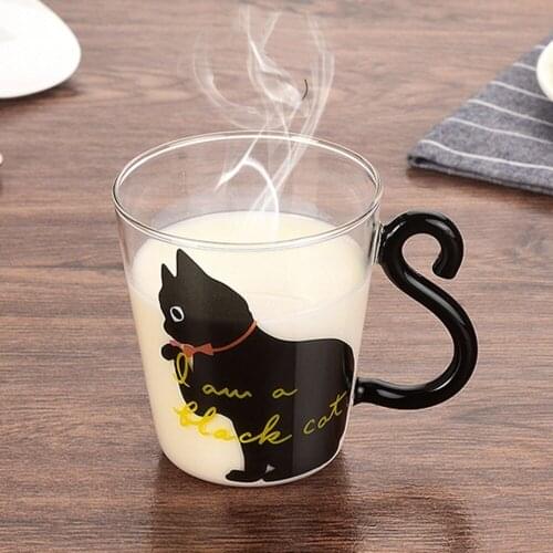 1PC 250ml Cute Kitty Glass Water Cup Cat Tail Handle Mug Milk Tea Coffee Fruit Juice Mug Drinkware Home Office Cup Lovers Gifts