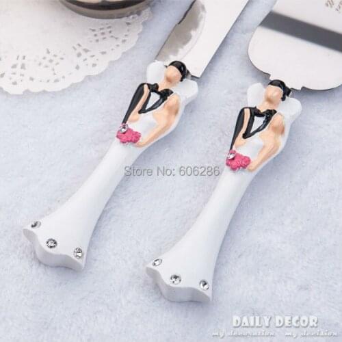 80pcs(40sets)/LOT Resin stainless steel bride and groom wedding cake knife and serving set Wedding cake knife + cake shovel set