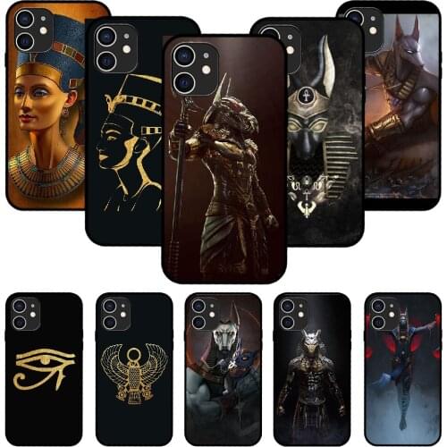 For iPhone 11 12 8 Plus Mini Pro X XR XS Max 4 5 7 6 6S 8 SE Phone Case Black Cover Hoesjes Egypt Nefertiti Anubis Ankh