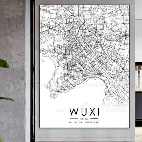 Black and White City Map China Wuxi Map Poster HD Print Wall Art Canvas Painting Nordic landscape Picture For Living Room Decor