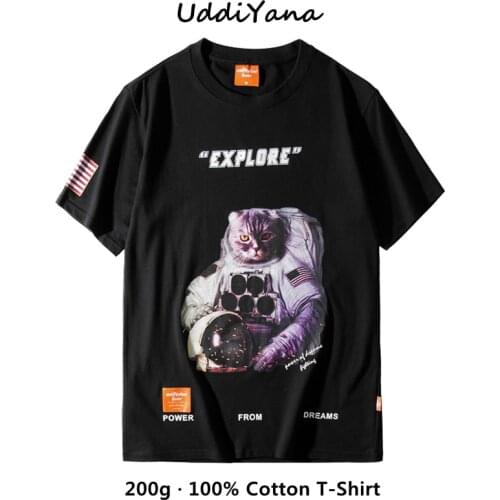 Unisex 100% Cotton Cat Spaceman Print T-Shirts Astronaut Print Mens Chic Tops Fashion T-Shirt For Women Skateboard Streetwear