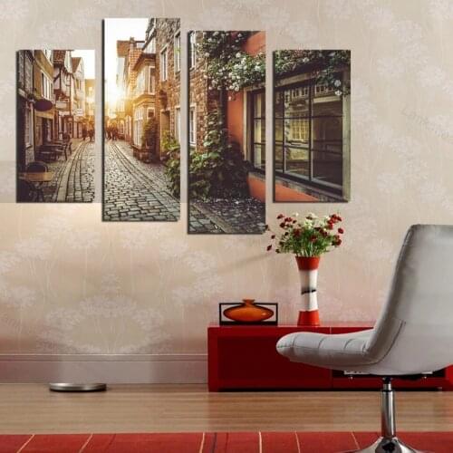 Art Painting Canvas Poster Modular 4 Panel Street Building Landscape City Frame Home Decor Living Room Wall Printed Pictures