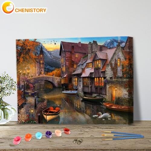 CHENISTORY Picture By Numbers Small Town Landscape Handpainted Home Decor Oil Painting Boat Rivers Scenery Drawing Canvas Wall A
