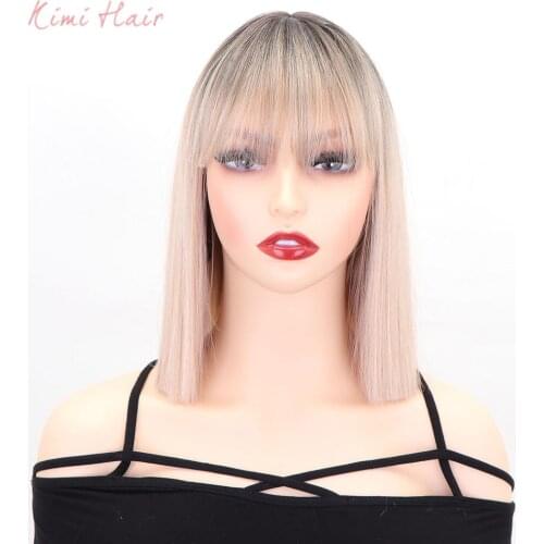 Kimi Hair Short Bob Wig With Bangs Fake Synthetic Wigs Gradient Blond Straight Heat Resistant Hair