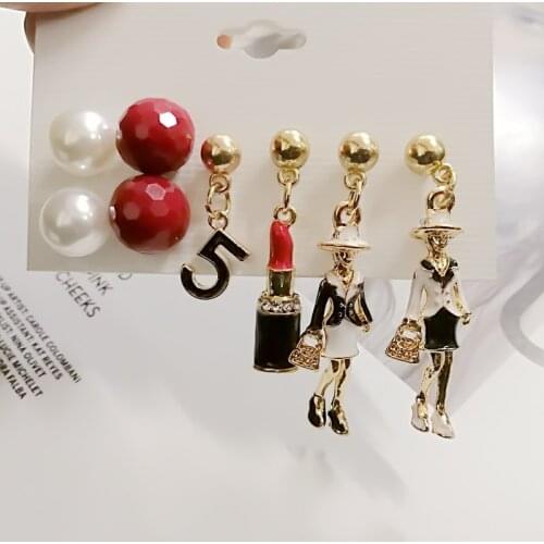 Mimiyagu pearl red crystal Lips lipstick little doll stud earring jewelry for women 4pair/set asymmetric cheap wholesale