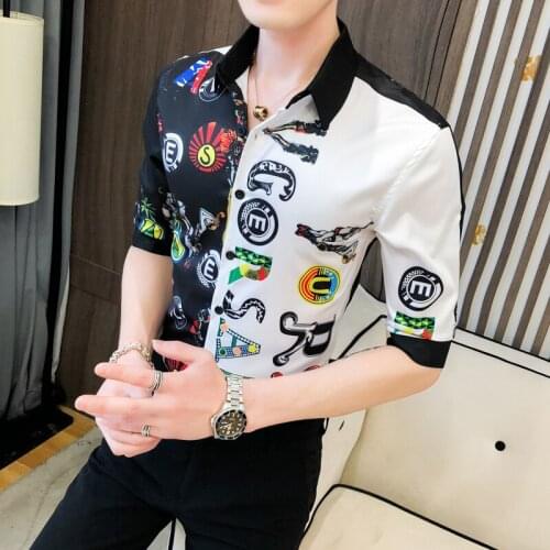 2020 summer stripe social boys short sleeve flower shirt men Slim Fit a236-8821-p55