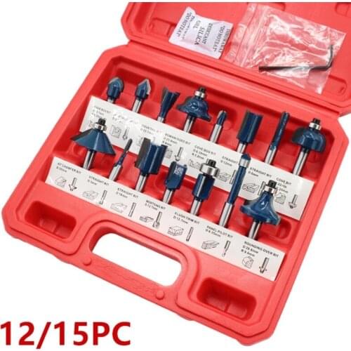 12/15Pcs 1/4 Router Bit Set Trimming Straight Milling Cutter Wood Bits Tungsten Carbide Cutting Woodworking Tools Trimming