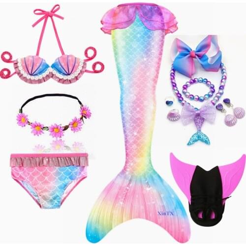 NEW Arrival!Little Mermaid Tails With Monofin Garland Goggles Swimming Bathing Suit with Flipper Mermaid Costume Swimwear Dress