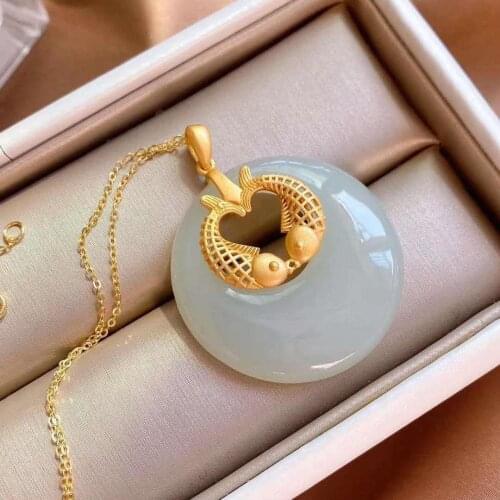 Vintage Necklace Female Ethnic Chinese Style Classical Sterling Silver Gilding Pisces Natural Hetian Jade Princess Buckle Pendan
