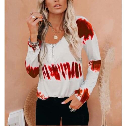 2021 New Women Long Sleeve Tie Dye Print T Shirt Casual Round Neck Button Loose Pullover Top Tees Female Autumn Roupas Feminina