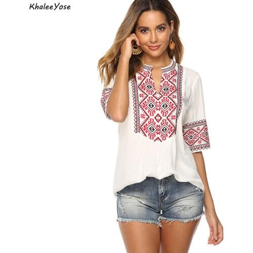 KHALEE YOSE Boho Floral Embroidery Blouse Shirt Cotton Spring Mexican Shirt Oversized Plus Size Lace Tie Up 2xl 3XL Ethnic Shirt