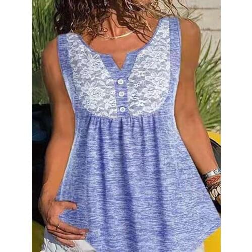 Women Lace Print T-Shirt Sleeveless Tops Casual V-Neck Camisole Sexy Vest Fashion Button Loose Tank Tops Summer Vest Streetwear