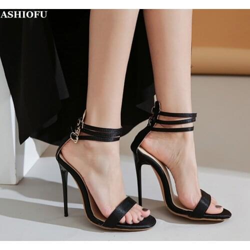 ASHIOFU Simple Style Ladies High Heel Sandals Party Office Summer Shoes Buckle Straps Stiletto Evening Sandals Shoes 3 Colors