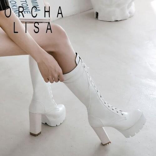 2021 PU Leather White Knee High Boots Lace Up Ladies Platform Boots High Heels Fashion Nightclub Party Shoes 11CM Western bootie
