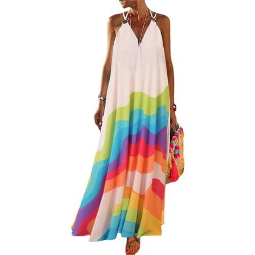 Women Dress Casual Bohemian Style Long Dress Sling V Neck Sleeveless Loose Waist Big Hem Print Rainbow Vestidos Summer 2021 New