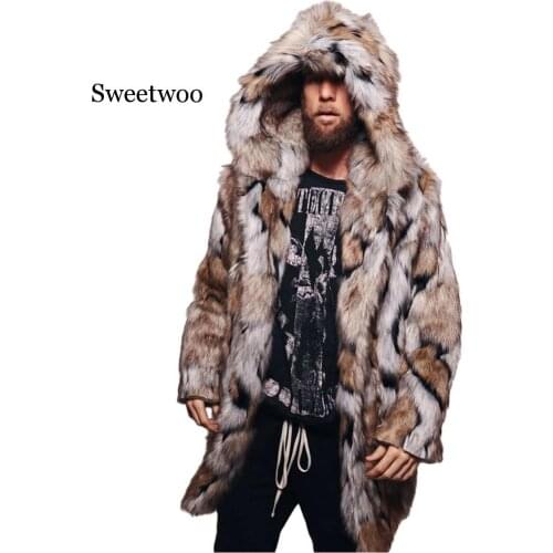 Winter Men Faux Fur Coat Fox Fur Jacket Fashion Mens Warm Leopard Thick Hooded Coat Jacket Faux Fur Outwear Overcoat