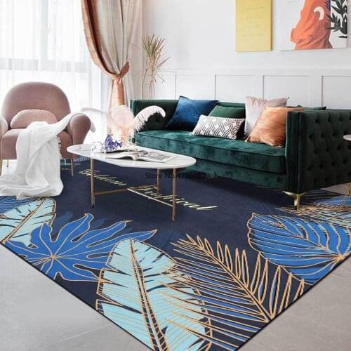 200x300cm Fashion Ins Wind Sapphire Blue Golden Line Tropical Leaves Living Room Bedroom Bedside Carpet Floor Mat Customization