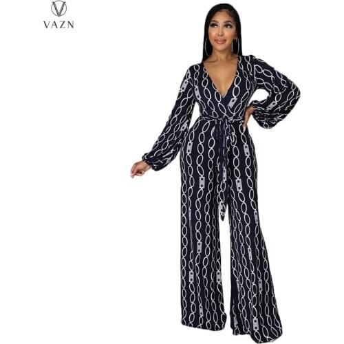 VAZN 2021 Autumn Young Vintage Chiffon Slash Neck Full Sleeve Free Designer Women Slim Long Wide Leg Jumpsuits