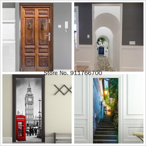 2Pcs/Set 3D Doors Mural Living Room DIY PVC Waterproof Poster Adhesive Decals Door Stickers for Kids Rooms Home Decor Wallpaper