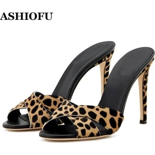 ASHIOFU Hot Sale Handmade Ladies High Heels Slippers Leopard Cross Strap Sexy Party Slides Shoes Evening Club Fashion Slipper