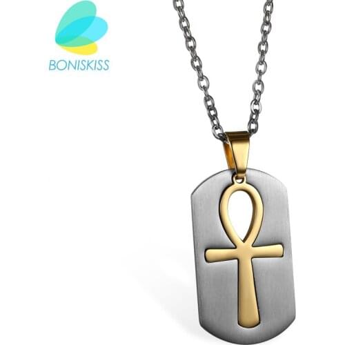 Boniskiss Collare Dog Tag Men Egyptian Ankh Cross Stainless Steel Necklaces & Pendants Silver Color Wholesale Christian Jewelry