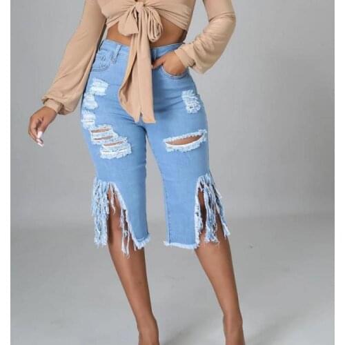 Baby Blue Fashion Casual Solid Ripped High Waist Regular Jeans