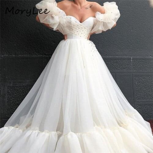 Princess Evening Dresses Sweetheart A-Line Puffy Sleeves Pearl Beaded Evening Dress Lace Up Back vestidos de fiesta de noche