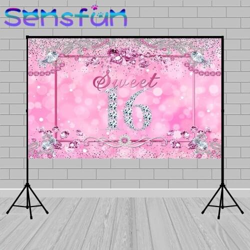 Girl Sixteen Adult Ceremony Photography Background Pink Glitter Diamond Sweet 16 Birthday Backdrops for Party Banner Photocall