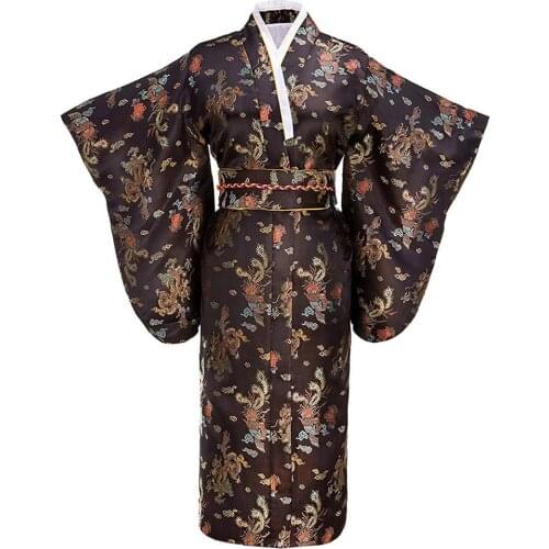 V-neck Clothes For Japanese Women Traditional Kimono Bathrobe Gown Print Flower Dress Full Sleeve Evening Party Prom Dress