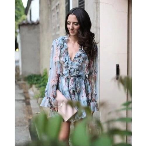 Design fashion women sexy summer v-neck print flowers ruffles patched flare long sleeve shorts jumpsuit rompers chiffon playsuit