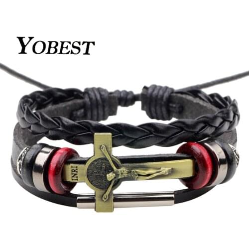 YOBEST Leather Jesus Cross Bracelets & Bangles For Women Men Jewelry Size Adjustable