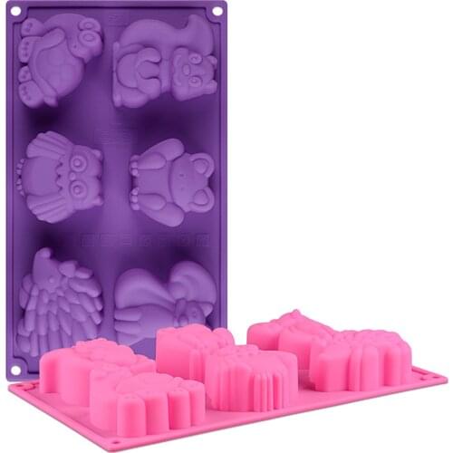 Newest Arrival 6 Cavity Silicone Cake Mold Cute Cartoon Animal Hedgehog Owl Squirrel Safe Baking Tool