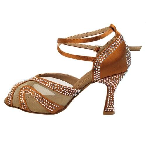 Evkoodance Brown Rhinestones Latin Dance Shoes with Mesh 7cm High Heel Sexy Latin Salsa Ballroom Dance Shoes for Women