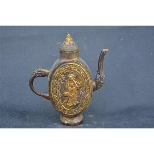 Rare Old Qing Dynasty(1748---1788) copper teapot,Lady,Carved ,with carving&mark, free shipping